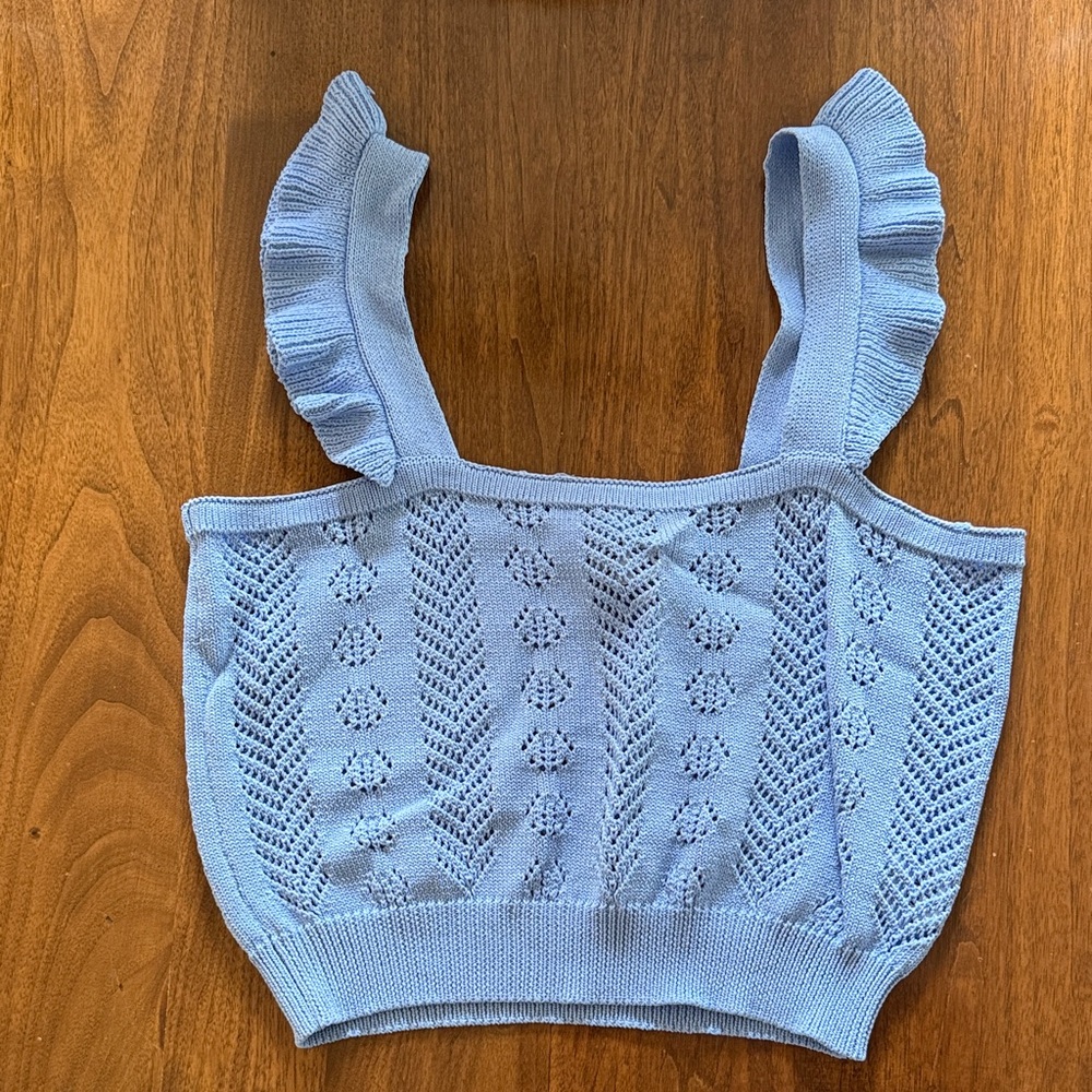 Lola May Light Blue Knit Ruffle Strap Top